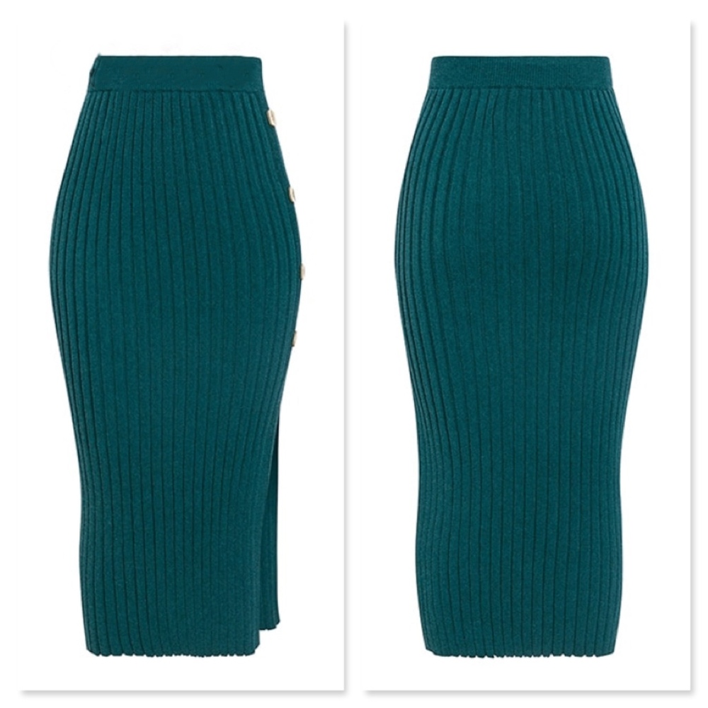 Green Rib Knit High Slit Buttoned Midi Skirt - Picture 4 of 8